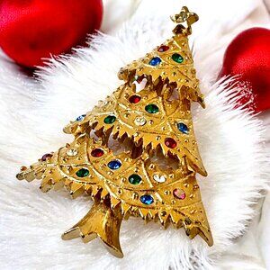Eisenberg Ice Vintage Christmas Tree Pin Brooch Multi-Color Rhinestones Signed